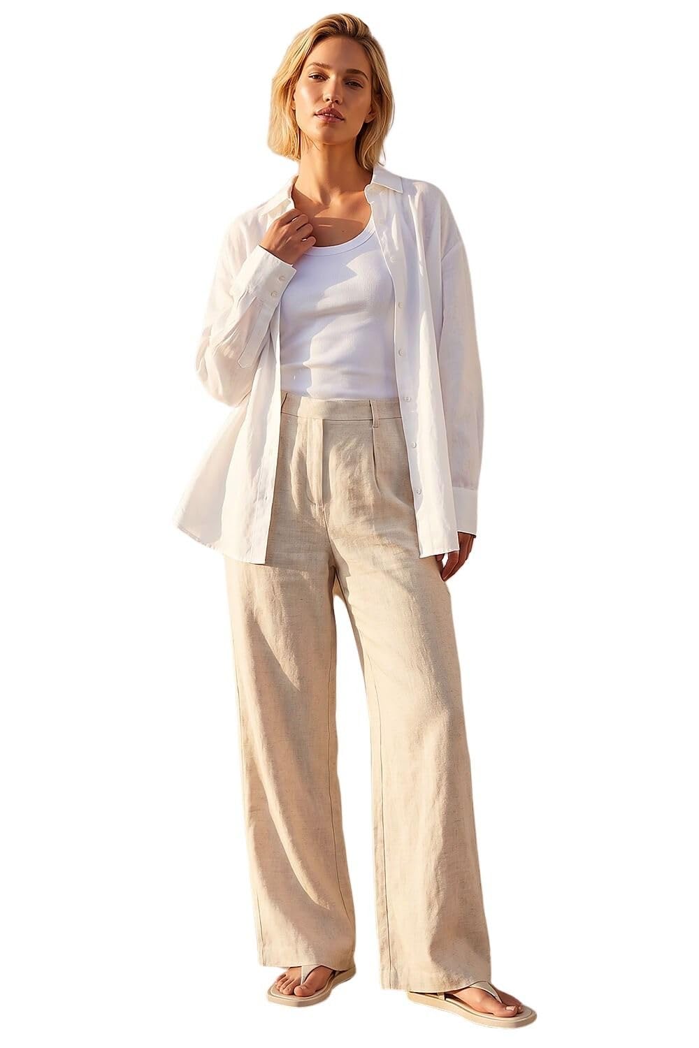 Roman Women's Natural Linen Blend Wide Leg Trousers Size 18