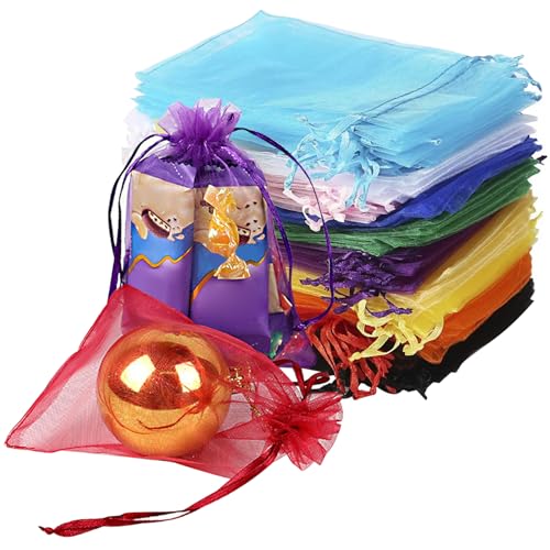 Bolsas de organza para Navidad y festivales, envoltorios de colores con cordón de malla 3