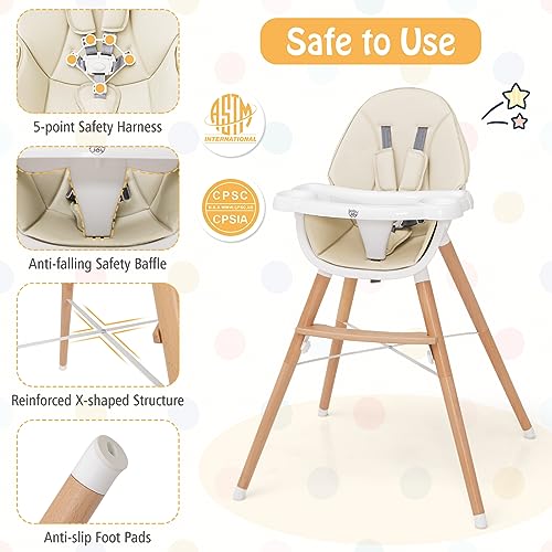Image of BABY JOY Baby High Chair, Wooden High Chair for Babies & Toddlers with Dishwasher Safe Double Removable Tray, Infant Feeding Chair with 5-Point Safety Harness & Detachable PU Seat Cushion (Beige)