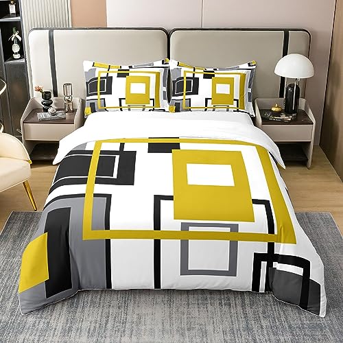 100% Organic Cotton Abstract Duvet Cover Geometric Square Striped Bedding Set Black White Yellow Grey Comforter Cover for Kids Adults,Modern Simple Bed Set 2 Pillow Cases Double Size