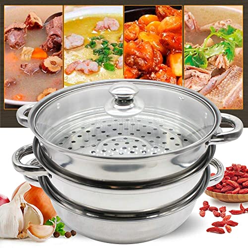 ANSNOW 27.3 cm 3 Tier Steamer Stainless Steel Steam Cooker with Glass Lid, Stackable, Suitable for Gas, Electric and Full Hobs - Image 2