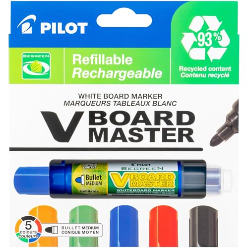 PILOT V Board Master Refillable Dry-Erase Markers, Bullet Tip, Assorted Color Inks, 5 Count
