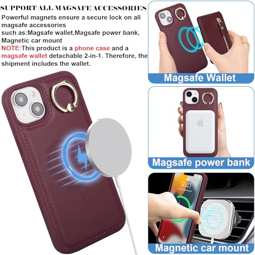 ?????? for iPhone 14 plus Case for women with Card Holder iphone 14 plus phone case magsafe compatible leather zipper phone wallet detachable 2-in-1 magnetic-Wine Red