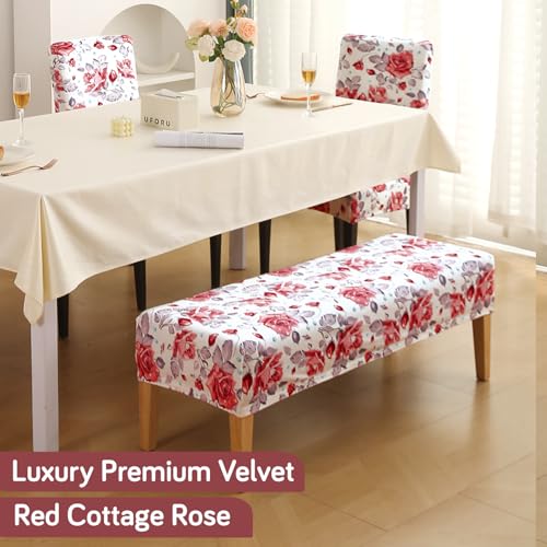 Image of HOKIPO Premium Printed Velvet Stretchable Dining Bench Slipcover, Red Cottage Rose (AR-5798-D6)