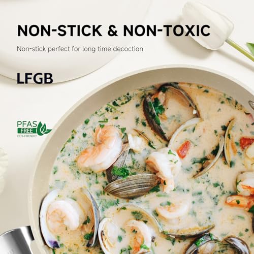 Image of Stock Pot 4.23 QT with Lid, Top-Grade Euro-Standard Nonstick Cooking Pot Ceramic Pots for Cooking Induction Cookware Soup Pot All Stoves Compatible PFOA Free 9.45'' (White) Non-Stick