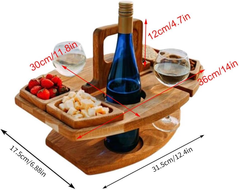 Portable Cheese Board Set Wooden Cheese Serving Tray Fruit Tray Nut Tray Integrated 4 Food Unit Platter with Removable Wooden Wine Glass Holder for Travel Picnics