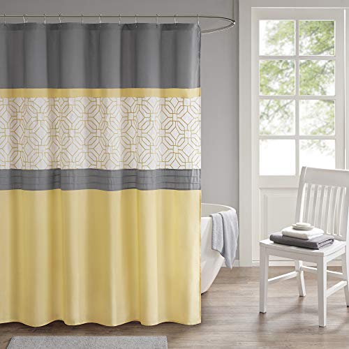 510 DESIGN Shower Curtain, Geometric Textured Embroidery Design with Built-in Liner, Modern Mid-Century Bathroom Decor, Machine Washable, Fabric Privacy Screen, 72x72,Donnell, Yellow/Grey by 510 DESIGN - Used condition - US$14.53
