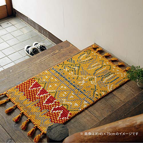 萩原 玄関マット 屋内 イエロー 約45×75cm 「クームース ガンター」 ウール100% 羊毛 手織り ノルディック エスニック