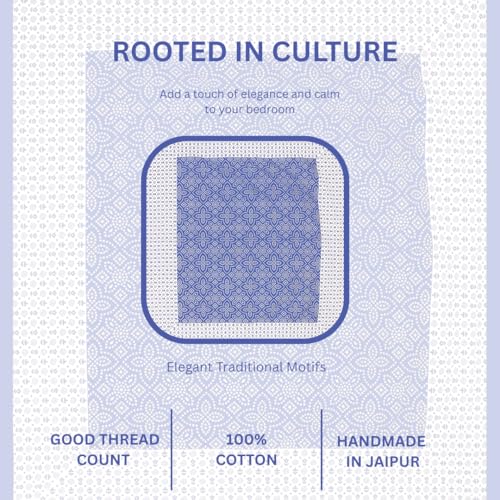 Image of JAIPUR PRINTS 100% Cotton Bedsheet for Double Size Bed bedsheets Rajasthani Jaipuri Printed Double Size Bedsheet with 2 Pillow Cover / 90x100 inch / 235x215 cm / (Blue & White)