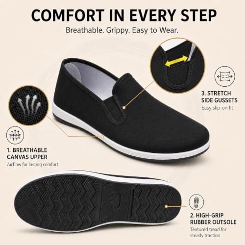 Image of Kung Fu Shoes for Men and Women, Tai Chi Martial Arts Canvas Slip-On Shoes Traditional Chinese Old Beijing Style with Flexible Textured Rubber Sole for Training, Walking and Everyday Wear