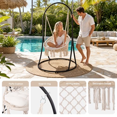 Image of SUNCREAT Hammock Chair with Stand Included, Heavy Duty Hanging Chair with Stand, 330 lbs Capacity, Patented, Beige