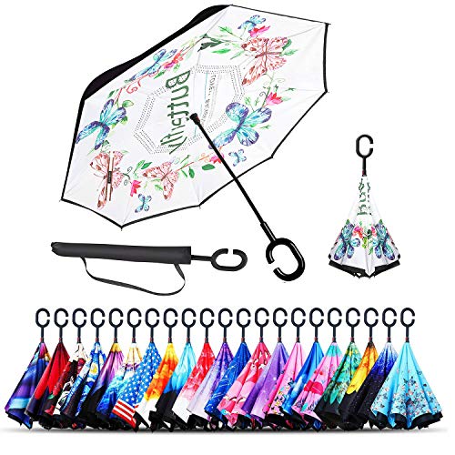 Monstleo Inverted Umbrella,Double Layer Reverse Umbrella for Car and Outdoor Use by, Windproof UV Protection Big Straight Umbrella with C-Shaped Handle and Carrying Bag (Pink)