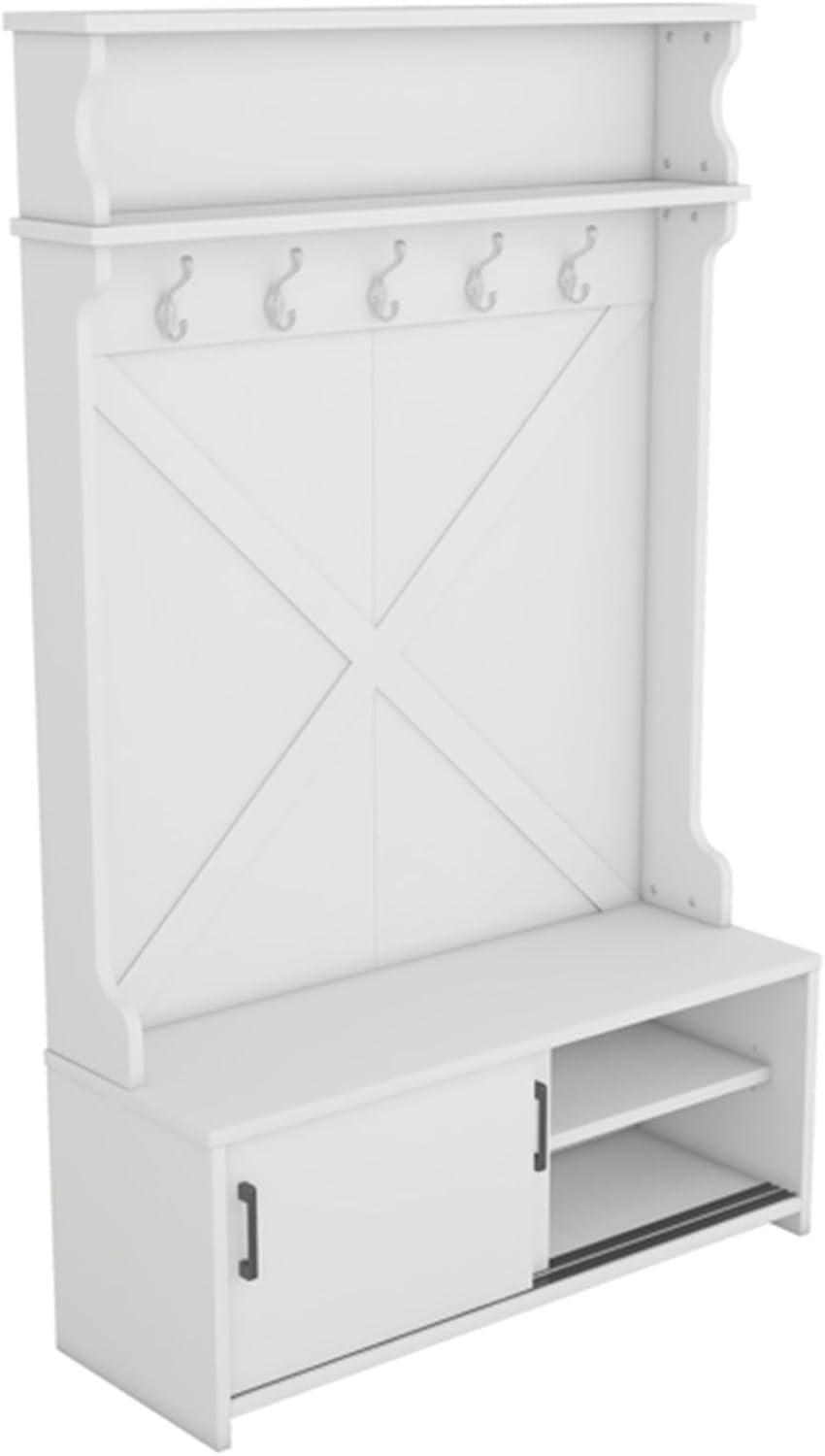 Hallway Tree with Storage Bench, Multifunctional Coat Rack Entryway Bench with Sliding Door Storage Bench and 5 Hooks, Coat Rack with Display Rack for Hallway Entrance, White