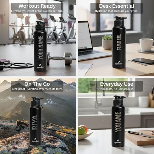 Image of Speedex Customised Stainless Steel Water Bottle 1 Ltr with Name - Personalised Engraved Sipper Cap Bottle for Kids, Men & Women, School, Gym, Office Black, Set of 1