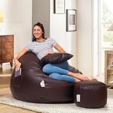 Amazon Brand - Solimo Premium Faux Leather Bean Bag Combo with Footrest & Cushion Combo, Filled with Beans | Capacity: Upto 6 Ft Height, 120 KG Weight | 3XL | Dark Brown