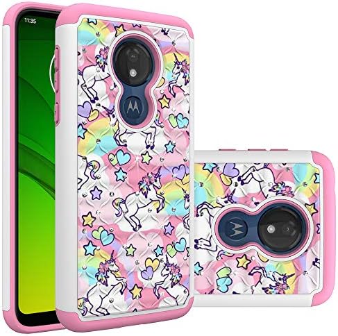 Moto G7 Power Case, Motorola G7 Power Case for Girls Women, Rainbow Unicorn Design Heavy Duty Shockproof Studded Rhinestone Crystal Bling Hybrid Case Silicone Armor for Motorola Moto G7 Power