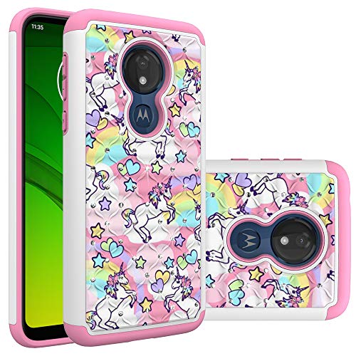 Moto G7 Power Case, Motorola G7 Power Case For Girls Women, Rainbow Unicorn Design Heavy Duty Shockproof Studded Rhinestone Crystal Bling Hybrid Case Silicone Armor For Motorola Moto G7 Power #TOP17