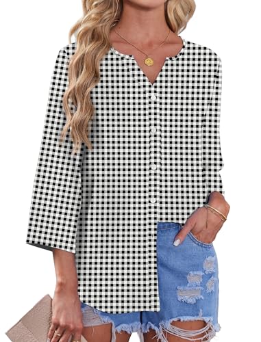 Image of OFEEFAN Button Down Shirts for Women 3 /4 Length Sleeve Tops V Neck Blouses Business Casual Outfits Loose Fit