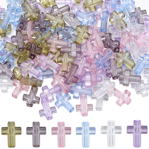 SUNNYCLUE 120Pcs Cross Beads Bulk Acrylic Crosses Beads Assorted Candy Color Clear Beads Holy Transparent Crucifix Pony Rosary Spacers Bead for DIY Earring Necklace Bracelet jewellery Making Accessori
