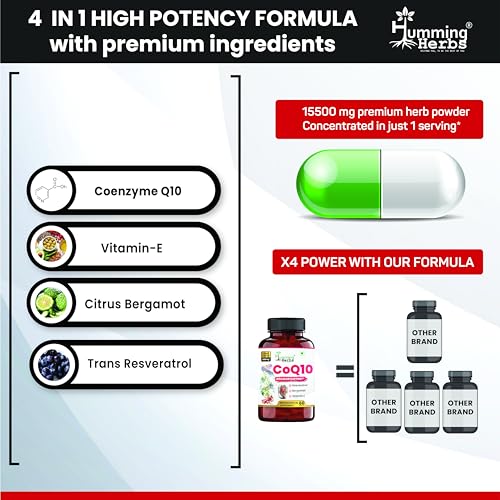 Image of Humming Herbs CoQ10 600mg Cellular Support Supplement with Resveratrol, Bergamot & Vitamin E - Heart Health & Energy Booster - Antioxidan 60 Caps