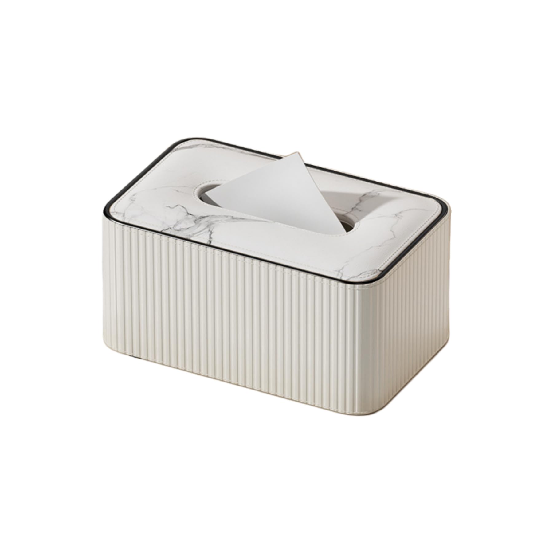 Marble Top Ribbed Tissue Box Cover, PU Leather, Large Arc Corners, Rectangular Tissues - White with Large Rounded Corners
