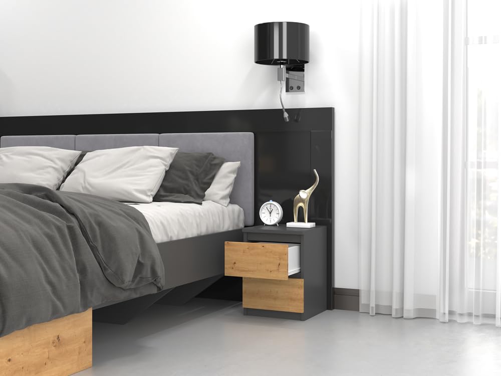 3E 3xE living.com Comodino, consolle da notte con 2 cassetti in antracite e rovere artisano con piano (larghezza x altezza): 30 x 40 x 30 cm