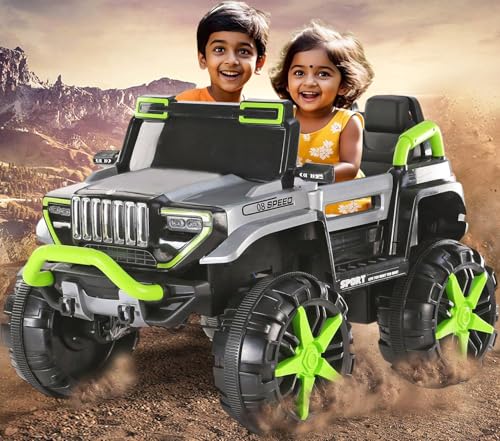 Image of Driving EV Cars for 1, 2, 3, 4, 5, 6 Years | Remote + Steering + Mobile App Control | Kids Jeeps (Thar Jumbo Size Jeep [1-8 Year Kids], Silver /Green)