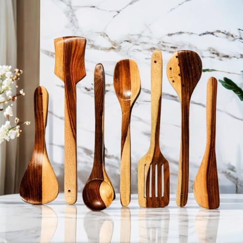 Image of Foxwood- Sheesham Wood Spatula Set | Spatula Set for Cooking Includes Frying, Serving, Spatula, Chapati Dessert, Rice Spoons | Kitchen Utensils. (Pack of 7)