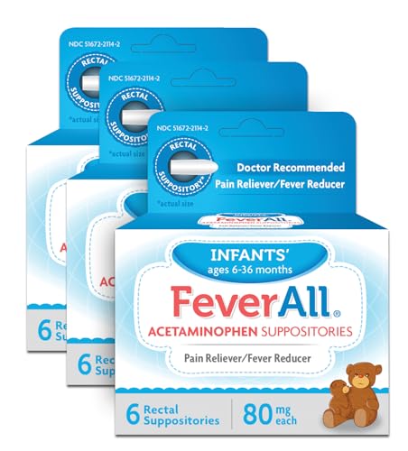 Image of Feverall Infant Acetaminophen Suppositories 6 Rectal Suppositories 80mg Each Pain Reliever/Fever Reducer. Paraben Free, No Artificial Colors or Other preservatives. Ages 6-36 Months (Pack of 3)