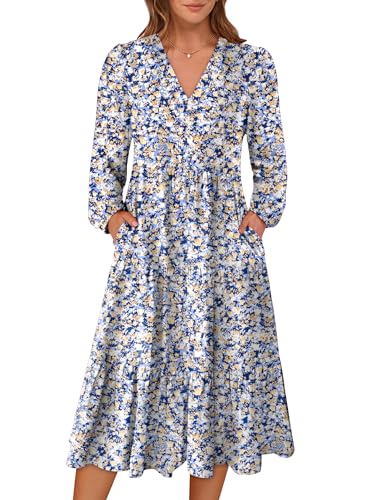 Image of ANRABESS Womens Fall Long Sleeve Boho Floral Tiered Midi Dress | V-Neck Lantern Sleeve A-Line Dresses with Pockets, Comfy Stretchy, Casual Work Vacation Daily Wear, Winter Spring Outfits