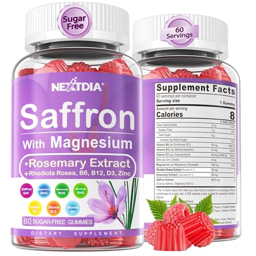 Nextdia Saffron with Magnesium Glycinate Gummies, 2 Months Supply -Sugar Free Magnesium 400/200mg w/Saffron,Rhodiola,Rosemary, B6,B12,D3 for S-leep, Calm,Focus, Relax, Nerve, Melatonin Free Gummies