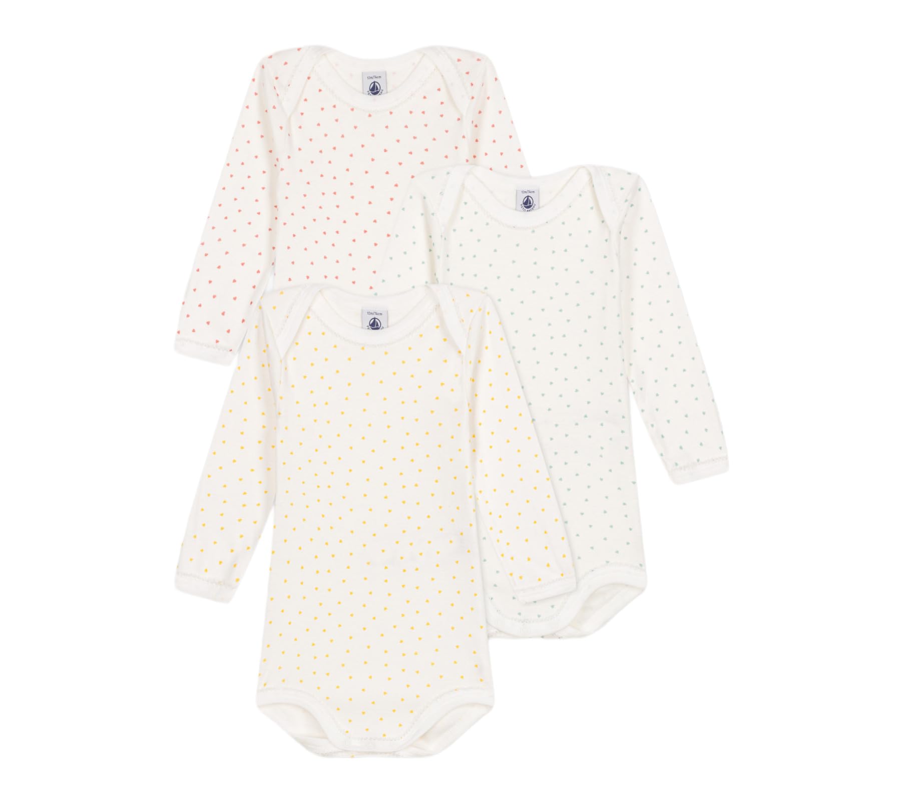 Petit Bateau Babies' Heart Patterned Long-Sleeved Cotton GIRLS Bodysuits - 3-Pack SIZES 3-36 MONTHS