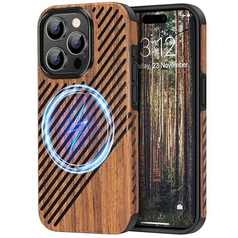 TENDLIN Magneitc etui kompatybilne z iPhone 15 Pro Max, etui o wyglądzie słojów drewna ze skórą, na zewnątrz, hybrydowe etui TPU (kompatybilne z MagSafe), drewno i skóra