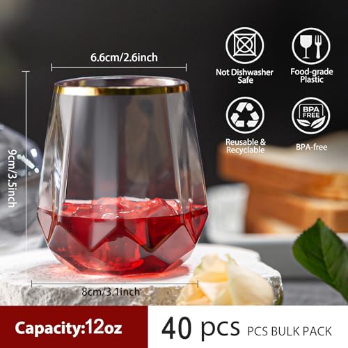 Image of Lueumxc 40 Pack Plastic Wine Glasses, 12Oz Diamond Disposable Wine Glasses Unbreakable Clear Plastic Cocktail Glasses Recyclable Shatterproof Reusable Wine Cups
