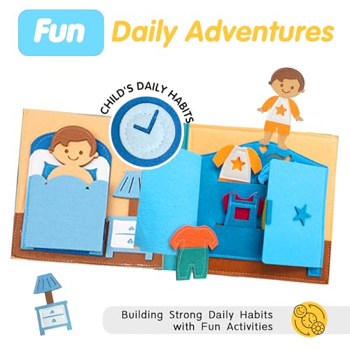Image of Daily Life of Boys Busy Book for Toddlers,Montessori Busy Books,Preschool Felt Busy Quiet Book Learning Life Skills,House Pretend Play Dress UP Game,Montessori Toys for 3 4 5 Years Autism Sensory