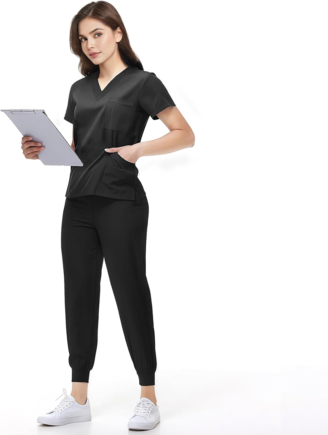 Scrubs Set for Women Nurse Uniform Jogger Suit V-Neck Scrub Top & Jogger Pant with Pockets for Nurse Workwear Medium Black
