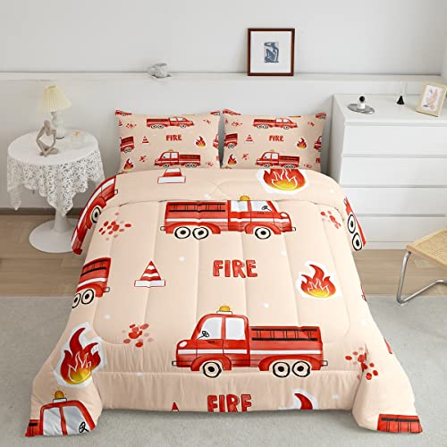 Feelyou Cartoon Car Comforter Set Kids Fire Truck Comforter for Boys Firefighter Bedding Set Breathable Firemen Car Vehicle Fire Engine Cute Bear Duvet Set Room Decor Quilt Set Queen Size