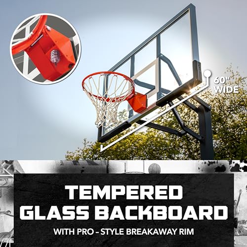 Image of Silverback Height Adjustable In-Ground Basketball Hoop with Tempered Glass Backboard, Pro-Style Breakaway Rim & Backboard Pad