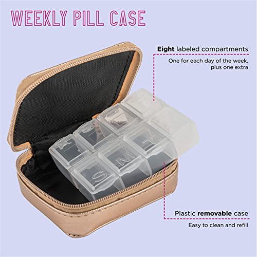Miamica Women's Zippered Pill Case with 8-Day Removable Plastic Organizer, Rose Gold, 3.5” x 2.75” x 1.25” – Weekly Medicine Box w/Compact Design - Thumbnail 2