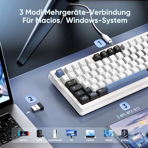 RedThunder K95 Kabellose Mechanische Gaming-Tastatur mit 1,88” Display & Knopf, QWERTZ 96 Tasten, Gasket, BT/USB-C/2,4GHz, Software, Hot-swap, Linear-Pink-Schalter, RGB, 8000mAh (Blau-Weiß) – Bild 5