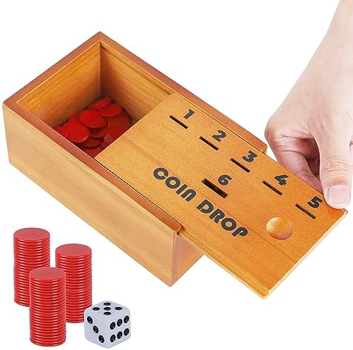Juegoal Coin Drop Set, Pennies Dice Games for Kids and Adults, Wooden Tabletop Board Game Sets for 2-6 Player, Wood Penny Game Box Includes 48 Chips & 1 Dice, Interactive Families Toys
