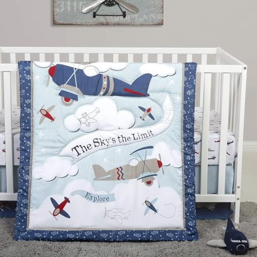 Image of Sammy & Lou Adventure Awaits 4-Piece Baby Nursery Crib Bedding Set for Boys, Includes Quilt, Fitted Crib Sheet, Crib Skirt, and Plush Toy