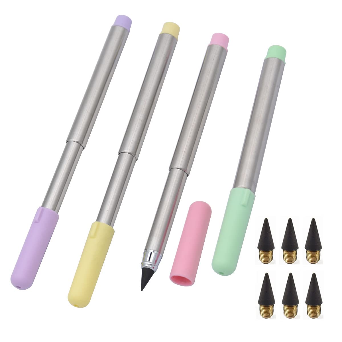 SIPLIV 4Pcs Inkless Everlasting Pencil Metal Inkless Signature Pen Retractable Pencils Unlimited Writing Pencil With 6Pcs Replacement Pen Heads