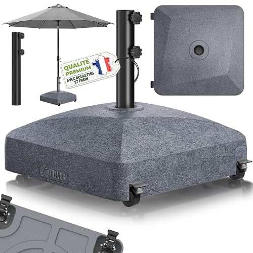tillvex® Pied de parasol GRAVIA à roulettes et freins | Support de lestage parasol à remplir 37L/56kg | Poids pour parasol droit et de marché Ø1,8-3,7m |...