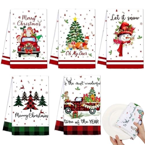 クリスマス キッチンタオル,5枚 の 布巾 - サンタ トナカイ 雪だるま ノーム クリスマス タオル,ダイニング 料理 掃除 バスルーム 手用