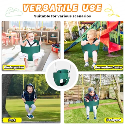 High Back Full Bucket Toddler Swing Seat with 3- Point Adjustable Safety Harness, 66 inch Detachable Chain,Suitable for Babies Aged 6-24 Months,Baby Swing for Swingset (Green)