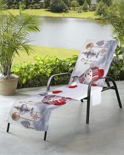 Christmas Snowman Red Beach Chair Towel Covers for Chaise Lounge with Side Pocket, Soft Plush Pool Towels Cover for Patio Sunbathing Outdoor 29''x85'' Xmas Ball Silver Pine Tree Branch
