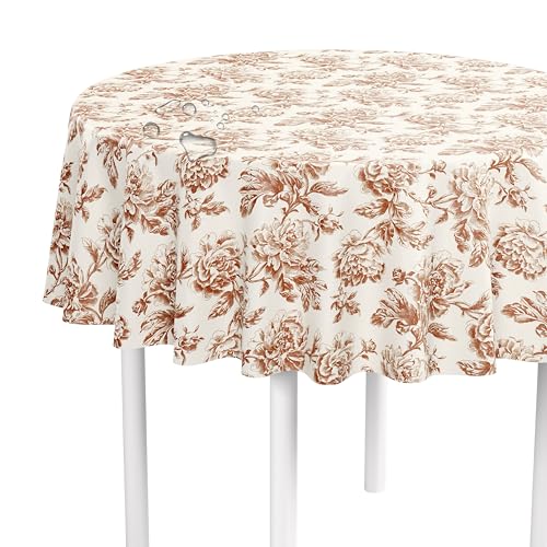 LILENO HOME Mantel lavable vendido por metro 140 cm redondo (borde cortado) en motivo de rosa inglesa marrón - Mantel de hule repelente al agua ideal como mantel o camino de mesa para conjunto de