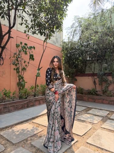 Image of SATIKA VASTRAM Modal Silk Ajrakh Saree Bandhani Design Crepe Printed Designer Pallu Attach Blouse Piece