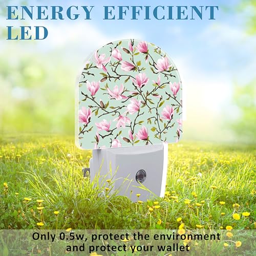 Image of Plug in Night Lights Magnolia Flowers and Leaves Nightlight Plug Into Wall Dusk to Dawn Sensor LED Night Light for Kid Girls Boys Room Decor, Hallway, Kitchen, Bathroom, Nursery, Stairs